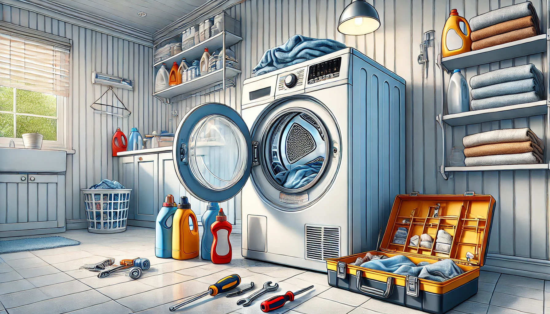 Illustration of a home laundry room with an electric dryer open for repair, showing tools on the floor, detergents, towels, and laundry supplies on shelves.