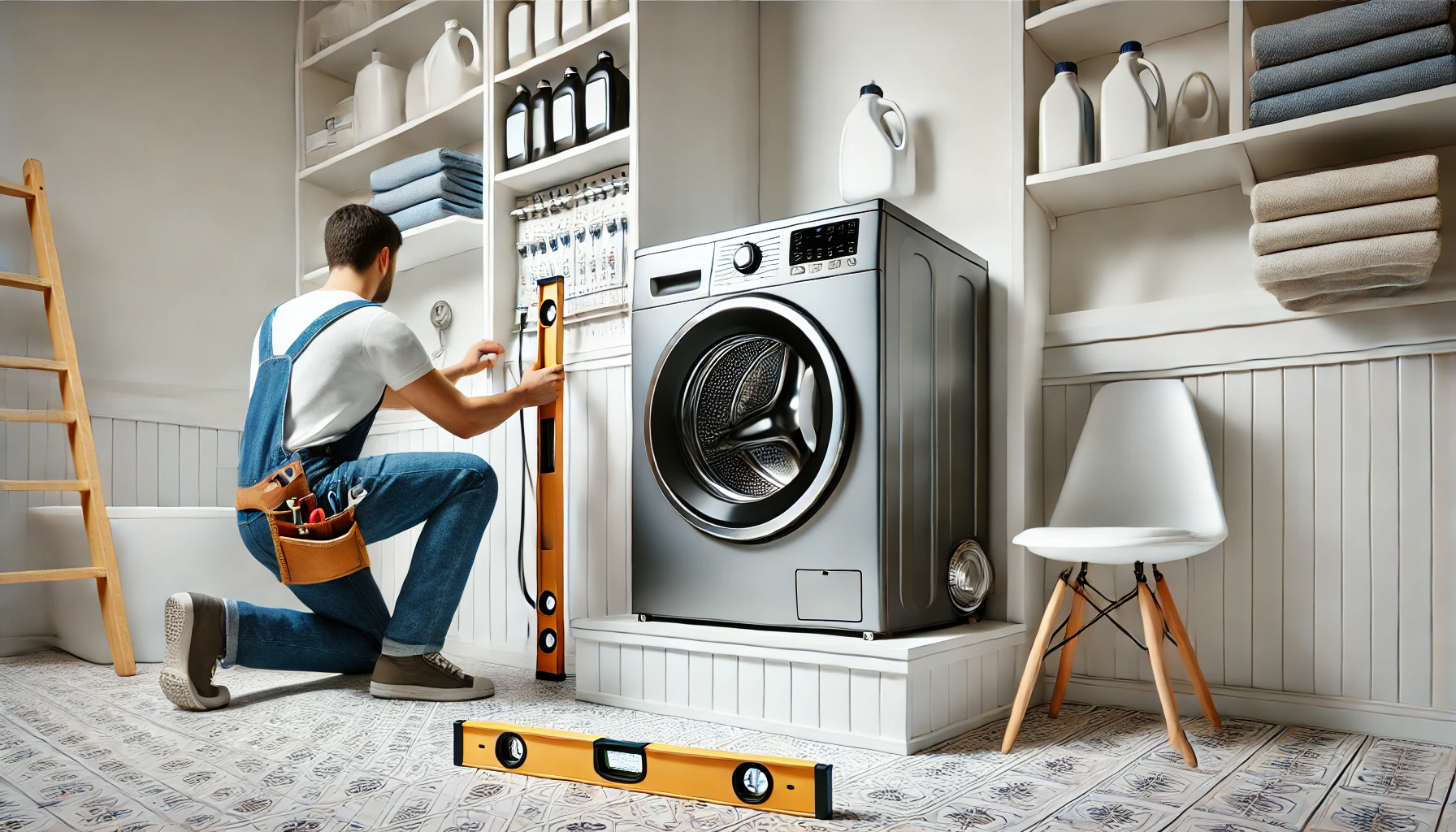 A professional installer setting up a washing machine in a modern laundry room, using a leveling tool and surrounded by clean, organized shelves and tools.