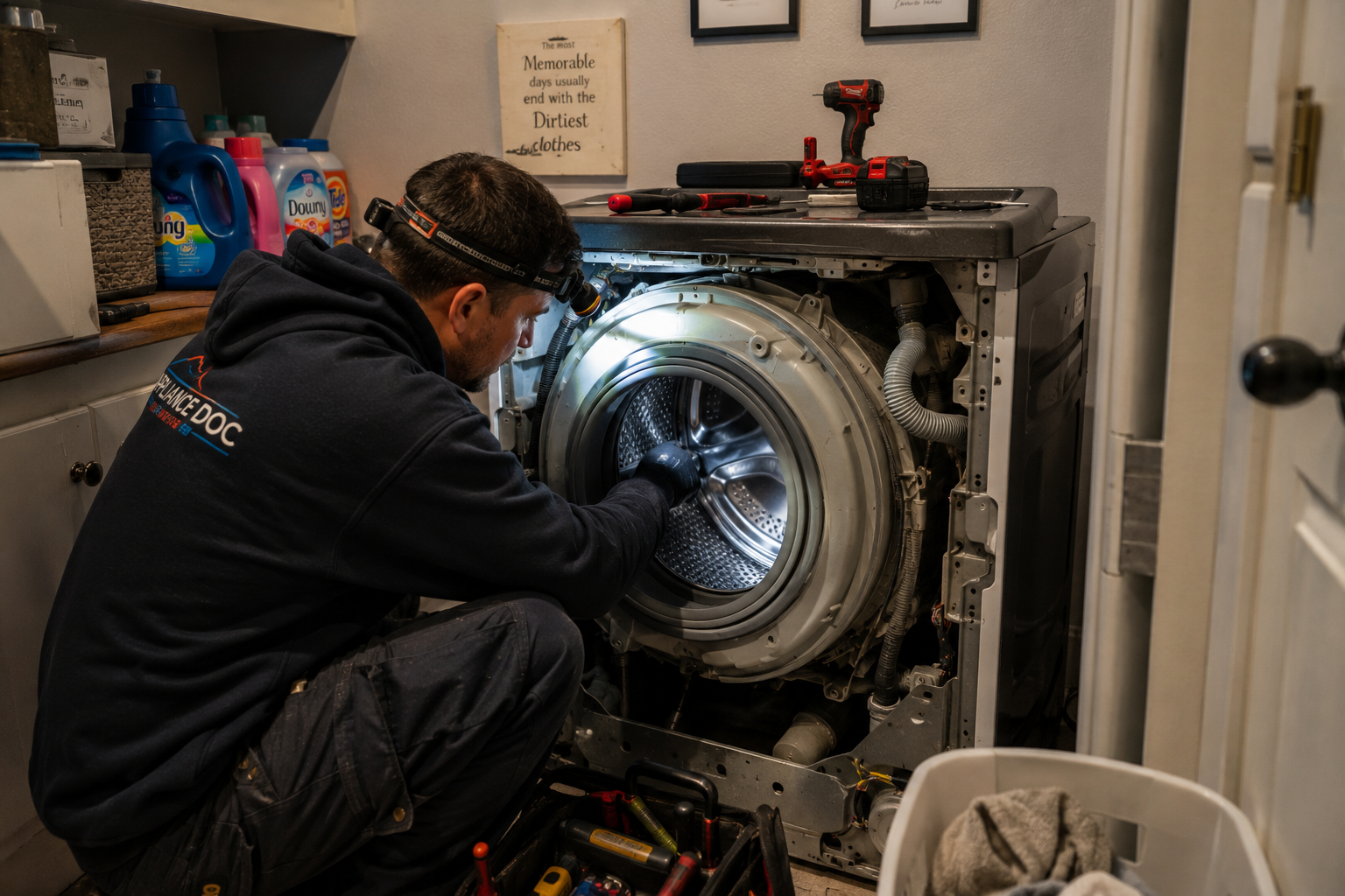 washing machine making noise, technician inspecting the drum