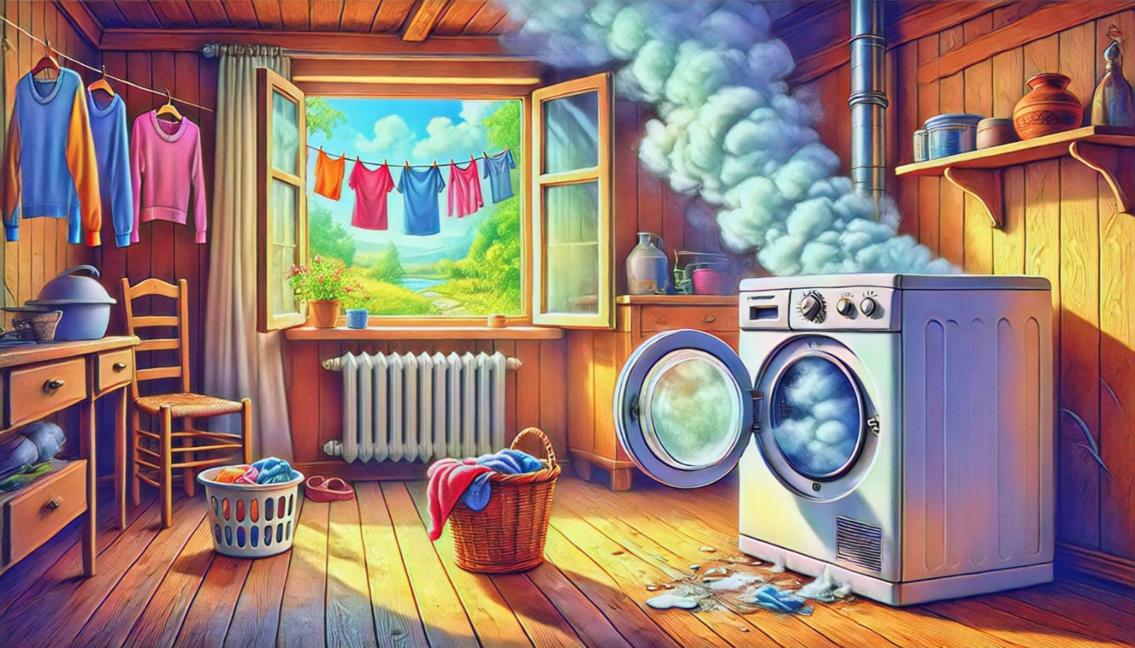A smoky washer emitting steam in a cozy laundry room with wooden interiors, colorful clothes hanging on a line by an open window with scenic outdoor views.