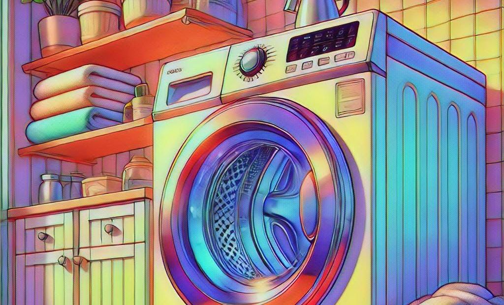 Front-load washing machine in a colorful and organized laundry room with neatly stacked towels, storage shelves, and bright ambient lighting.
