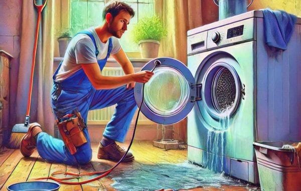 A technician repairing a leaking front-load washing machine in a rustic room with water pooling on the wooden floor, surrounded by tools and buckets.