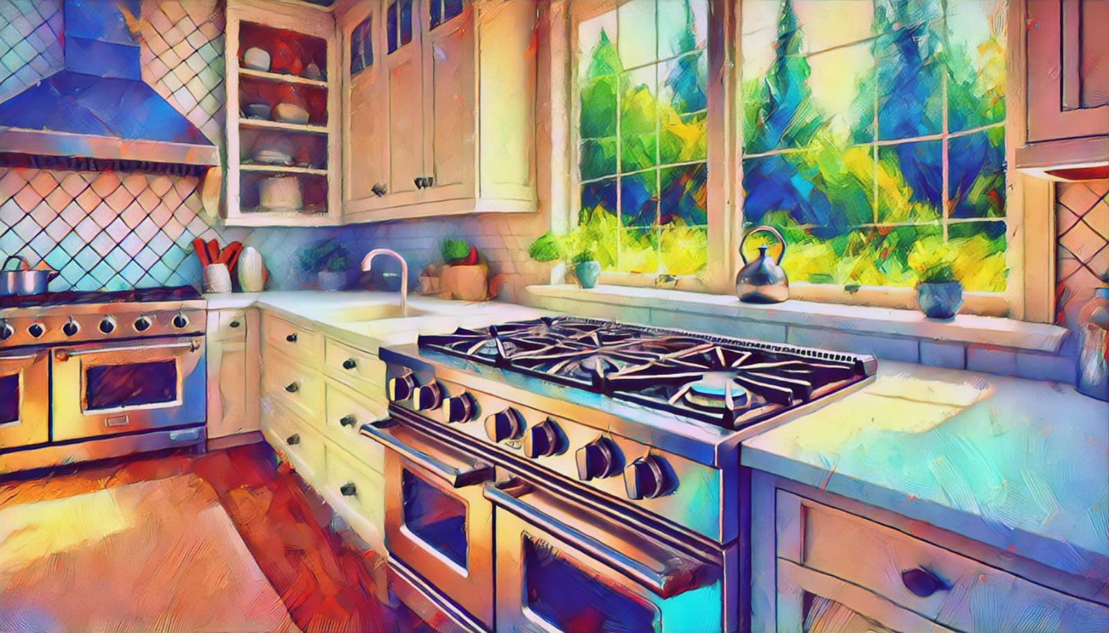 Explore a beautifully designed kitchen featuring a sleek gas stove, spacious countertops, and a scenic window view of lush greenery. Perfect for home cooking!