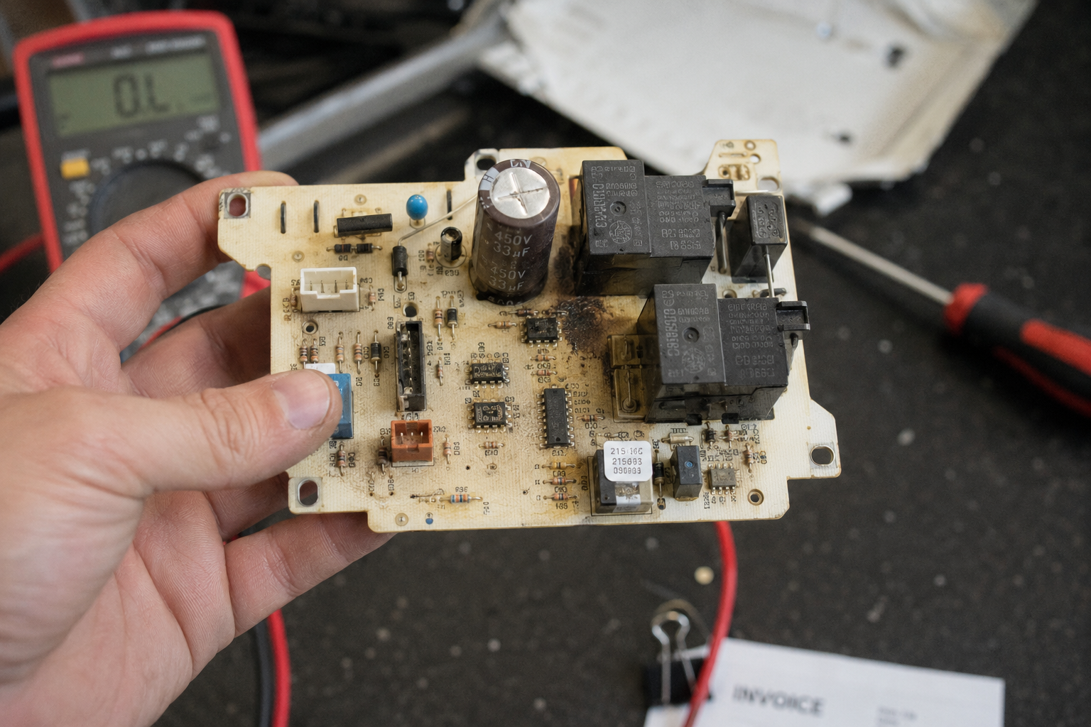 can a control board be repaired, close-up of a damaged capacitor on a circuit board