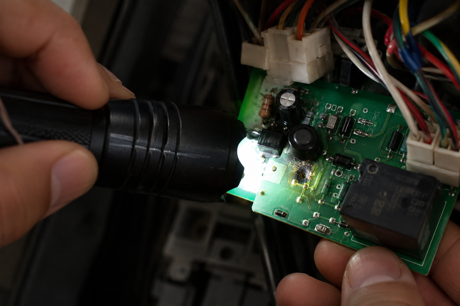 signs of a bad control board, close-up of scorch marks and a cracked component