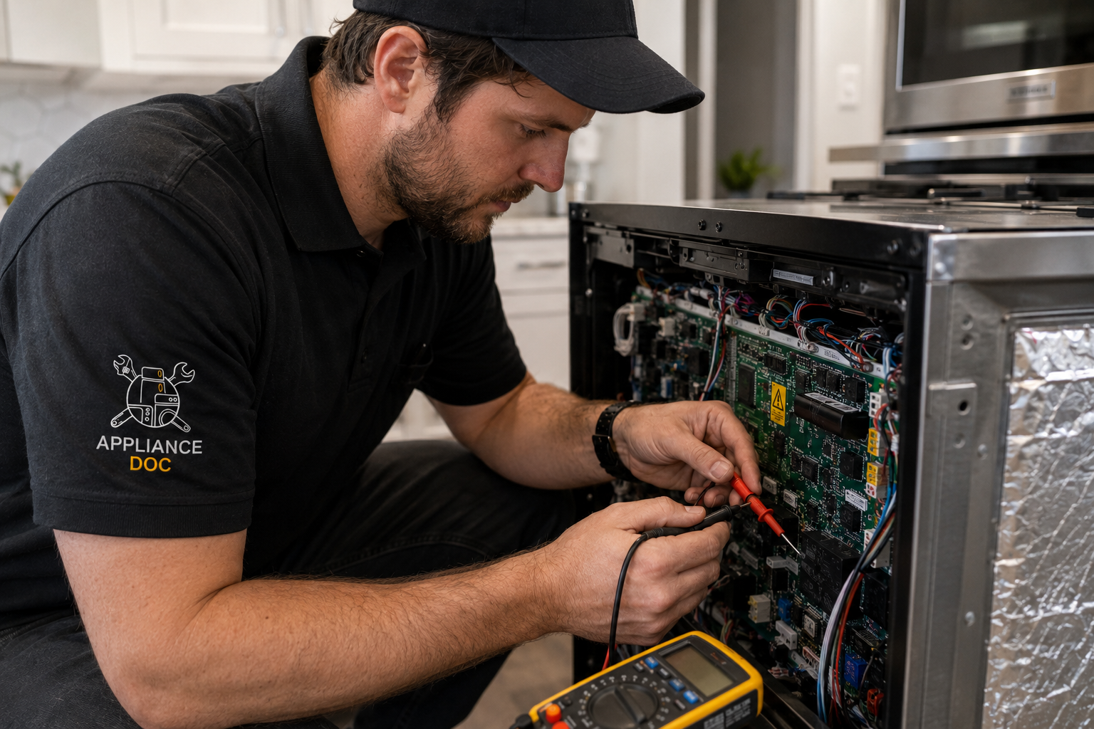 control board repair in Toronto, technician testing an appliance circuit board with a multimeter